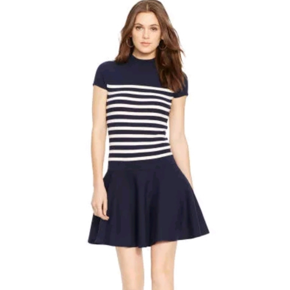 POLO Ralph Lauren Navy White Stretch  Ribbed Knit Sweater Dress